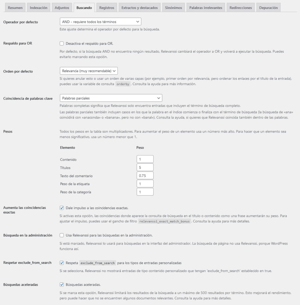 Pestañas de configuración en Relevanssi